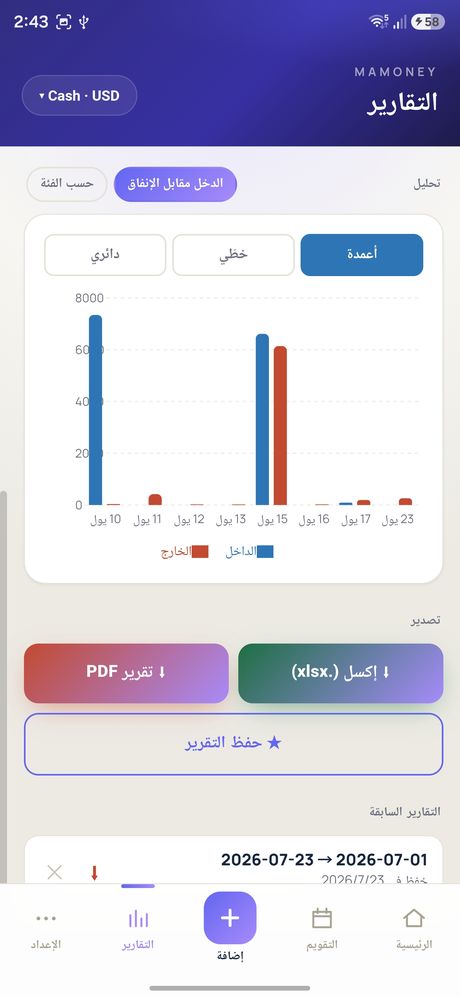 The reports screen in Arabic with a full right to left layout