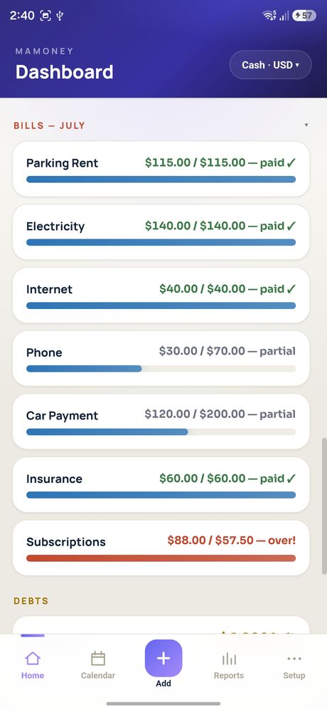 Monthly bills list showing paid, partial and over-budget states
