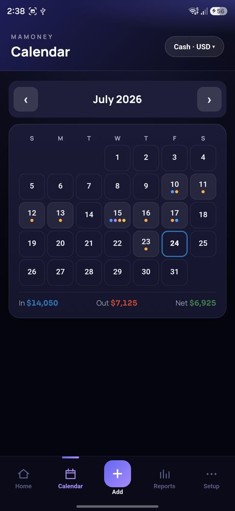 Month calendar marking every day that has entries, dark theme