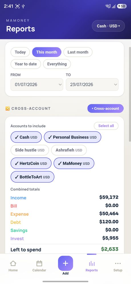 Reports screen combining totals across several accounts