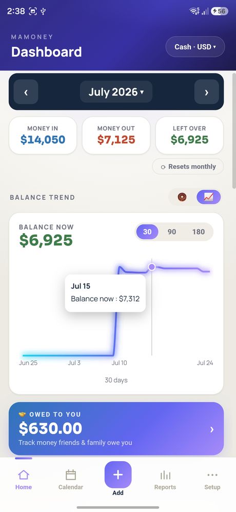 MaMoney dashboard with money in, money out and an interactive balance trend
