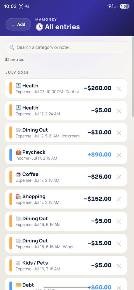 Searchable list of all income and expense entries by category